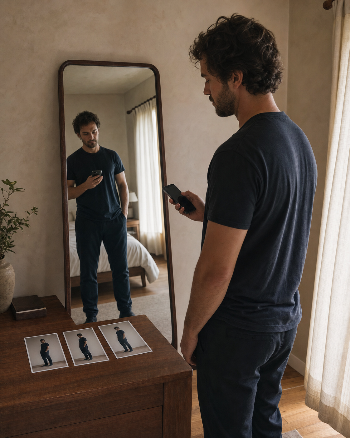 A private sequence of repeated progress photos shown beside a mirror