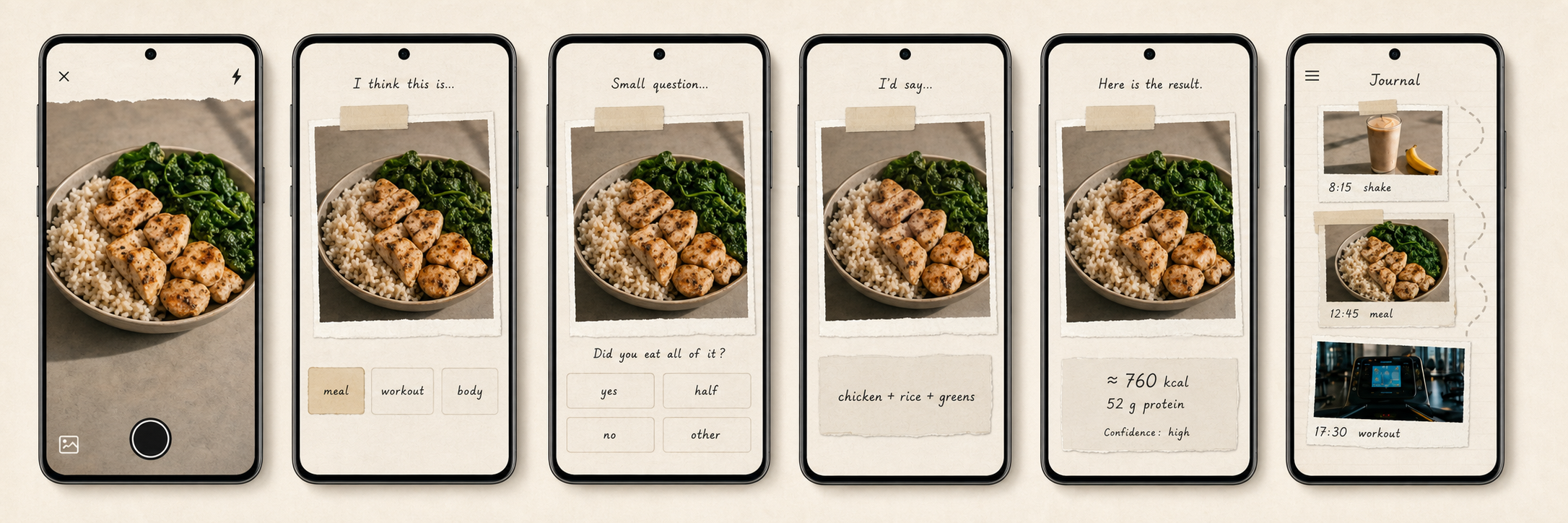 jurn.ee journal screens showing private meals, workouts, and body progress